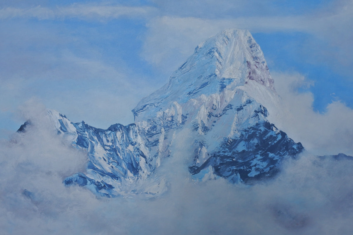 A painted mountain landscape showing a snow-covered peak rising above clouds, with blue sky and icy blue-gray shadows.
