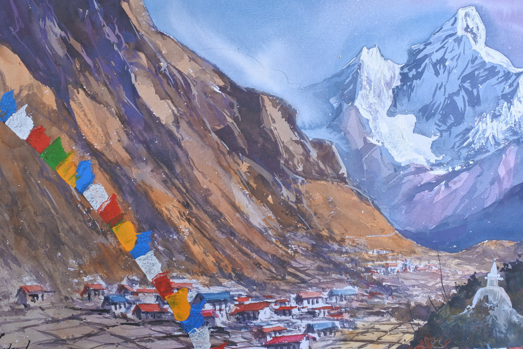 Painting of a mountainous landscape with prayer flags and buildings.