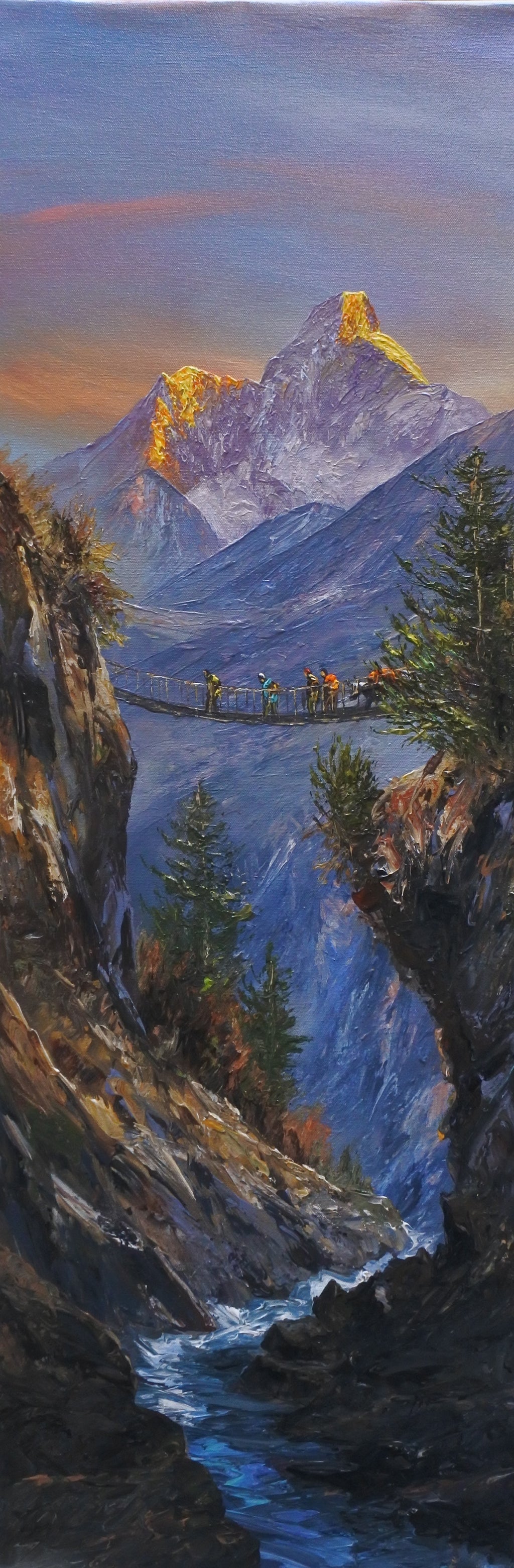 Close-up of the textured brushwork and golden highlights in an original Himalayan mountain painting.