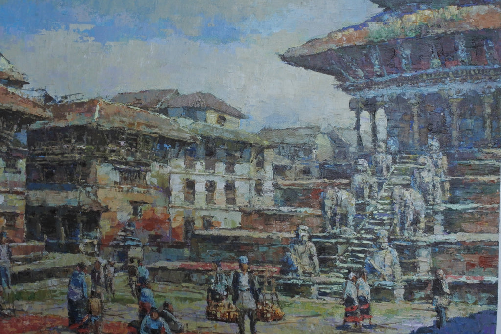 Painting of a bustling street scene with traditional architecture and people.