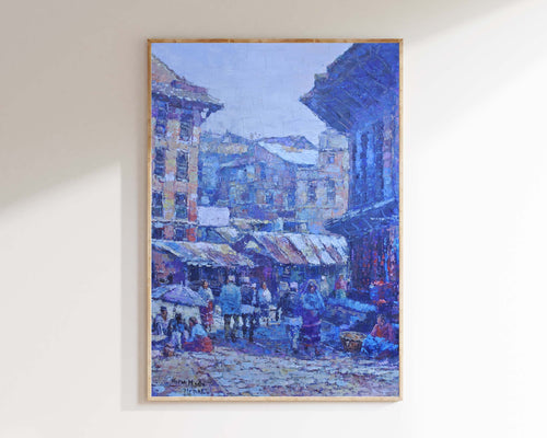 Nepal-inspired landscape painting – original artwork featuring temples and Himalayan peaks