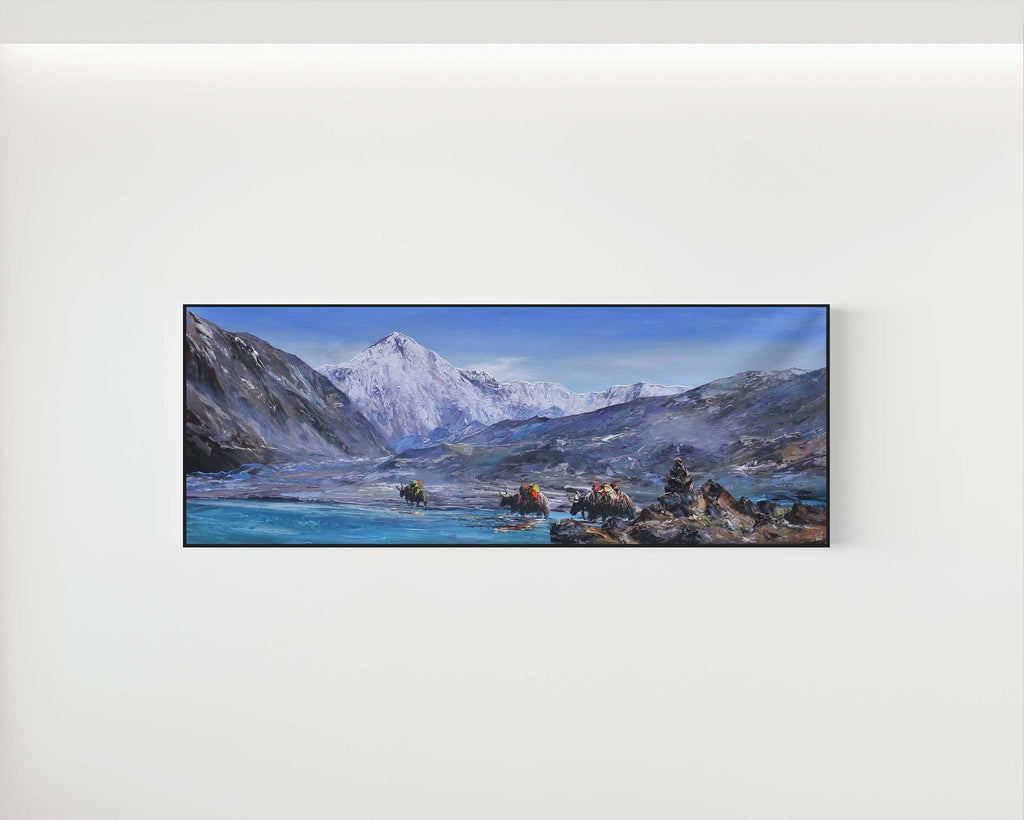 Himalayan Yaks in the water, Mount Cho Oyu in the backdrop
