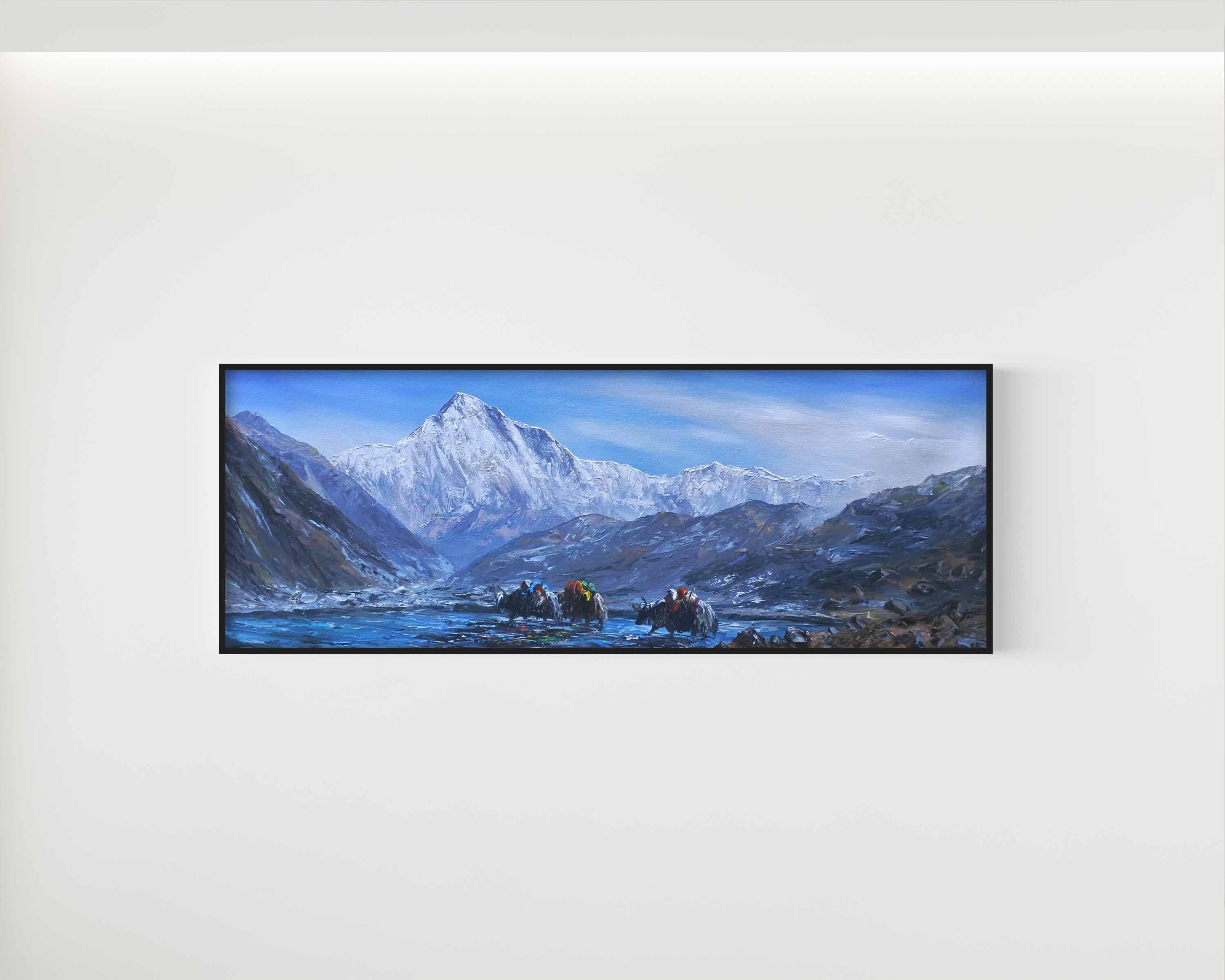 Himalayan Yaks in the water, Mount Cho Oyu in the backdrop