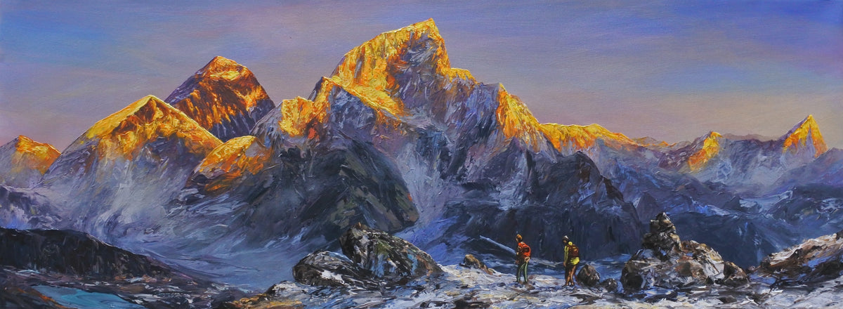 A dramatic mountain landscape painting with snow-covered peaks, golden sunlight on the highest ridges, dark rocky slopes, and two small figures near the bottom right.