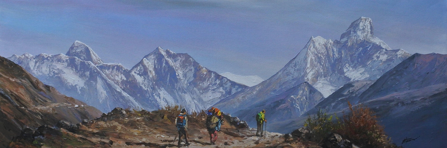 Trekkers in Khumbu Valley, Mt. Everest & Mt. Ama Dabalam in Backdrop