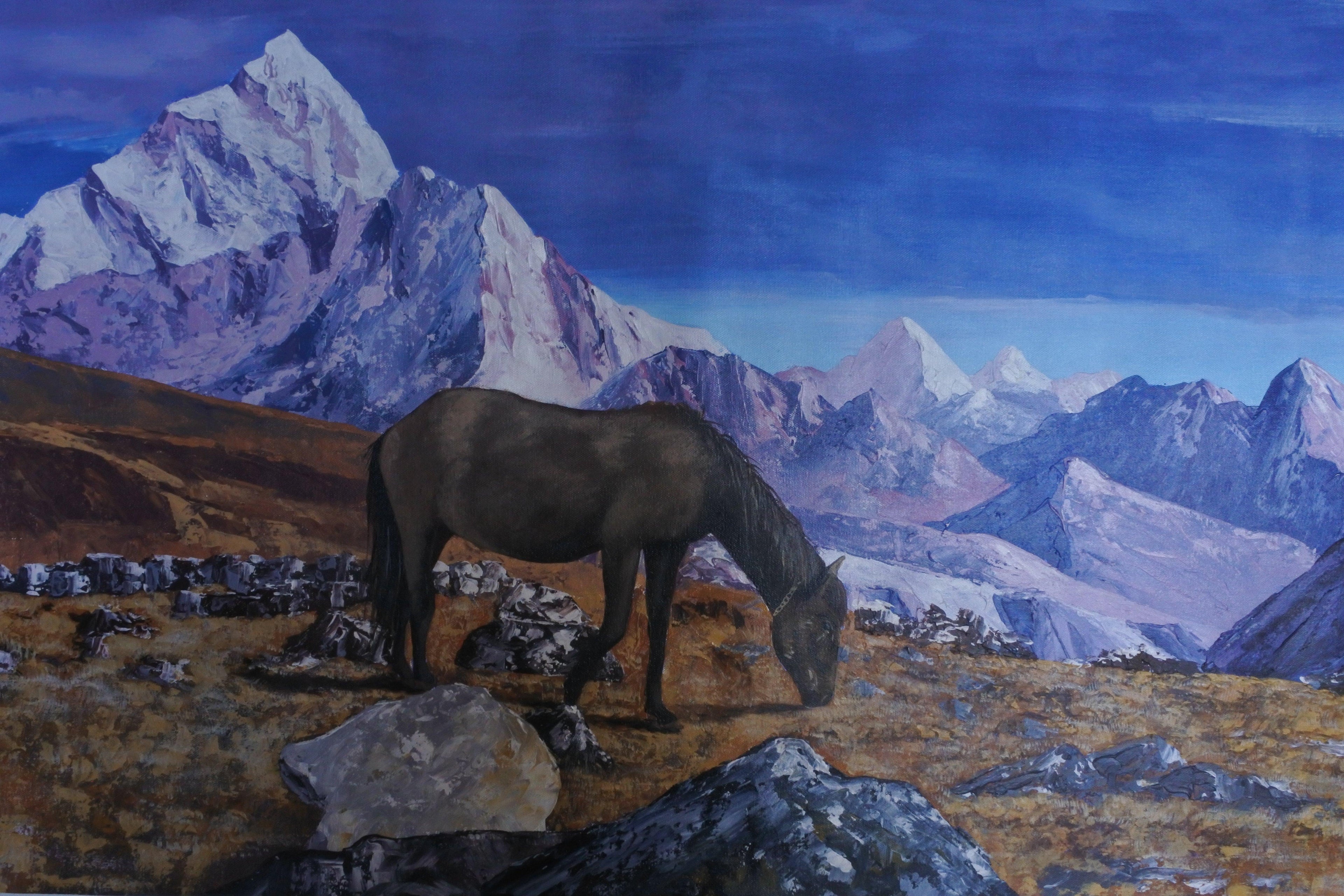 Horses at Khumbu Valley, Mt. Ama Dablam at the backdrop