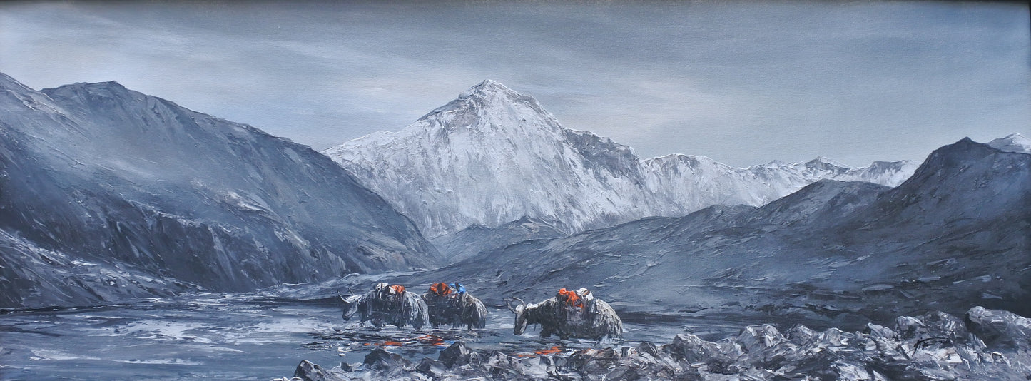 Himalayan Yaks in the water, Mount Cho Oyu in the backdrop