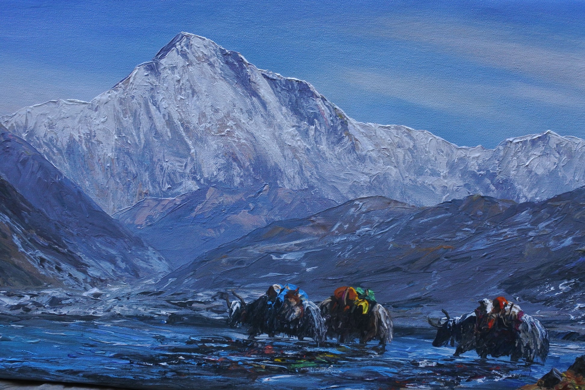 Mt. Cho Oyu with Himalayan Yaks in the water