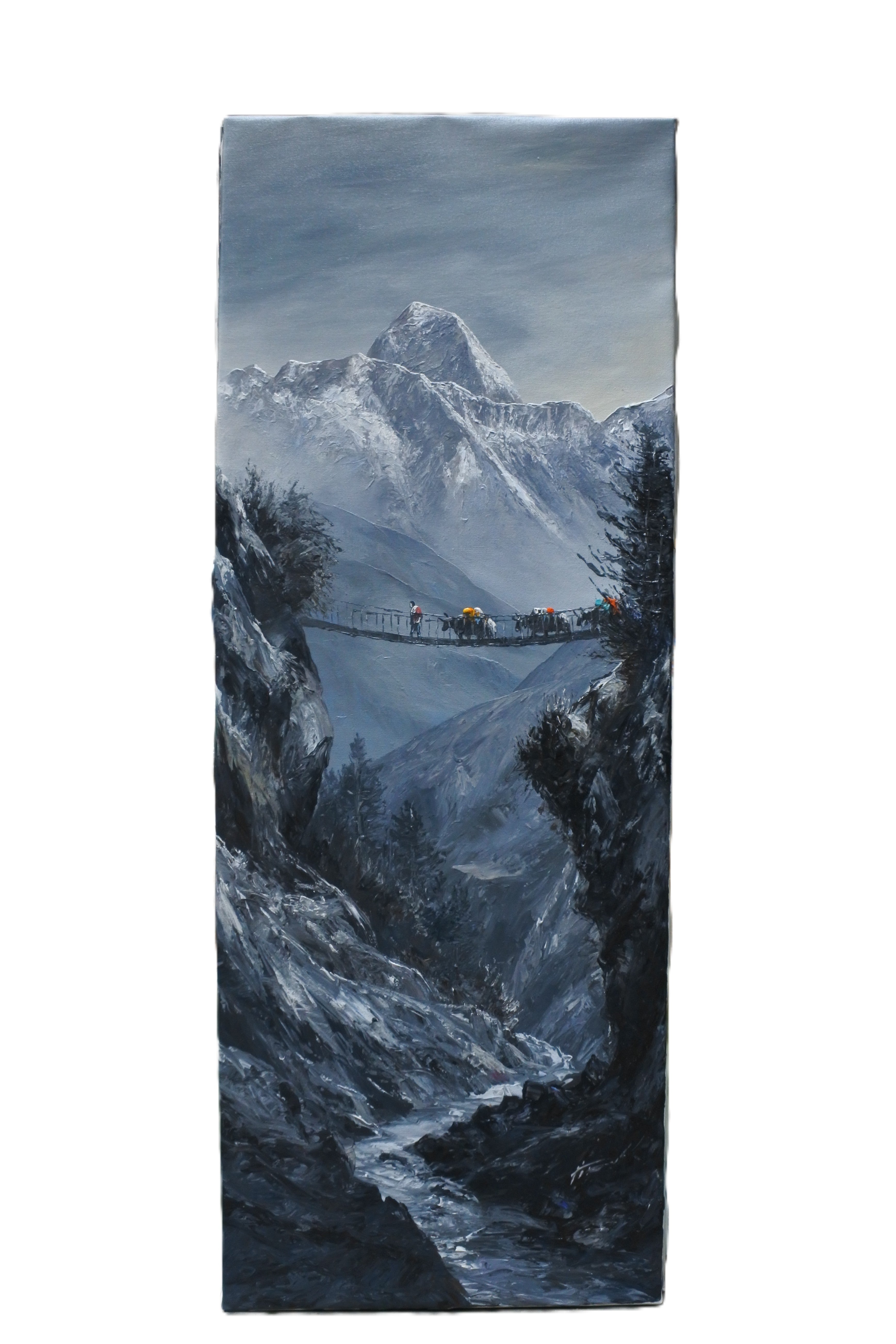 Mt. Everest Peak with Himalayan Yaks and Suspension Bridge