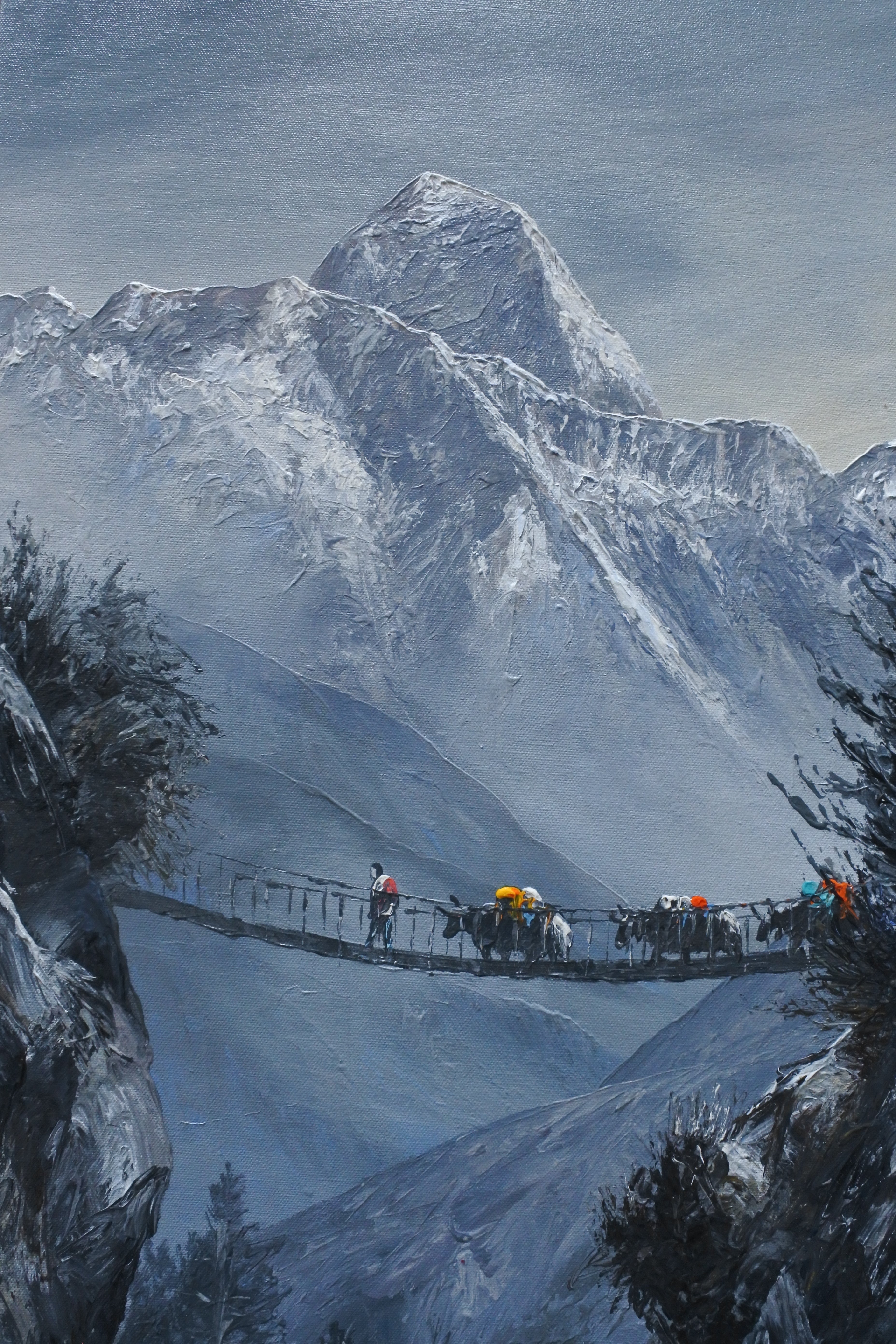Mt. Everest Peak with Himalayan Yaks and Suspension Bridge