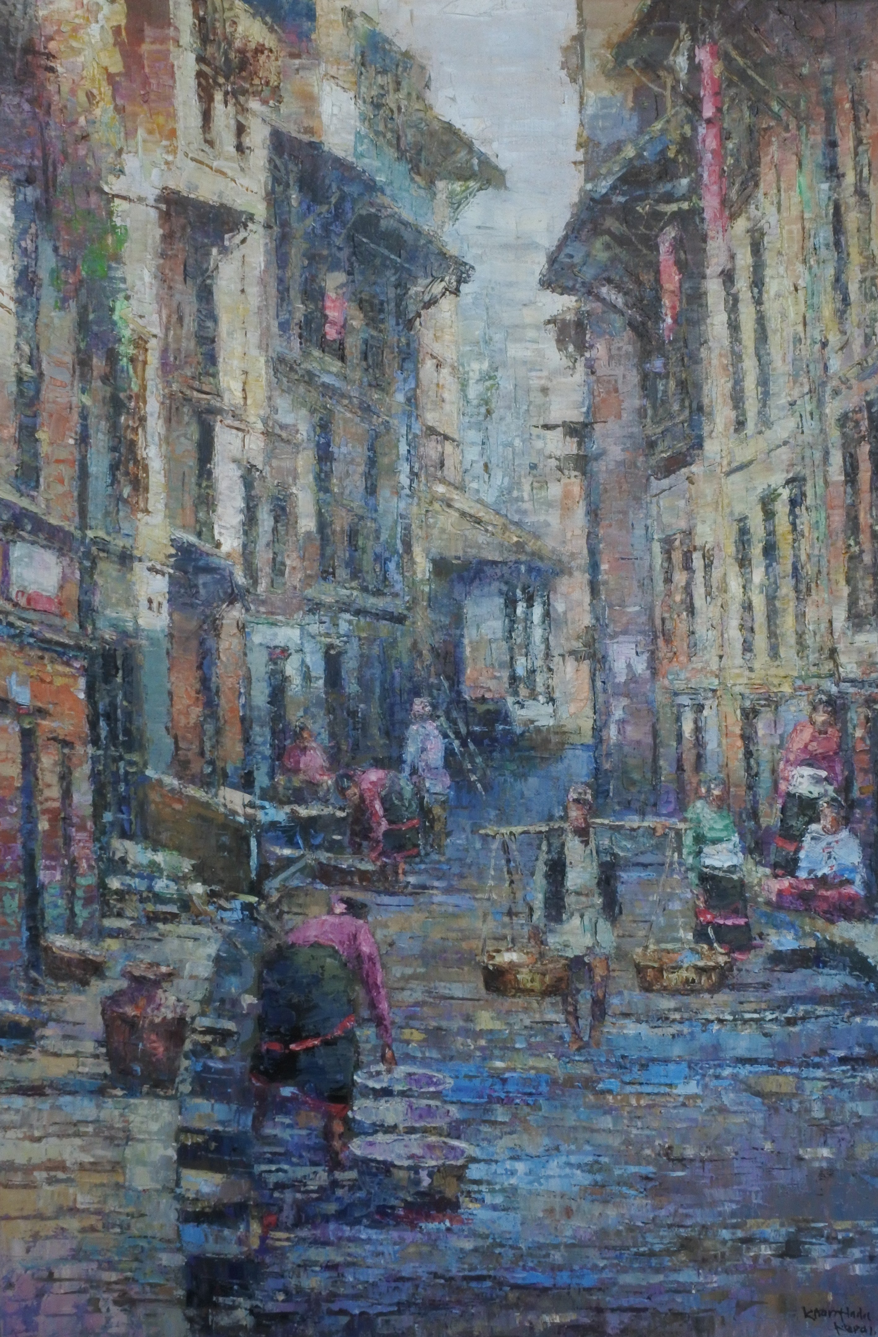Nepal Heritage Cityscape Painting – Bhaktapur Street Life Canvas Art