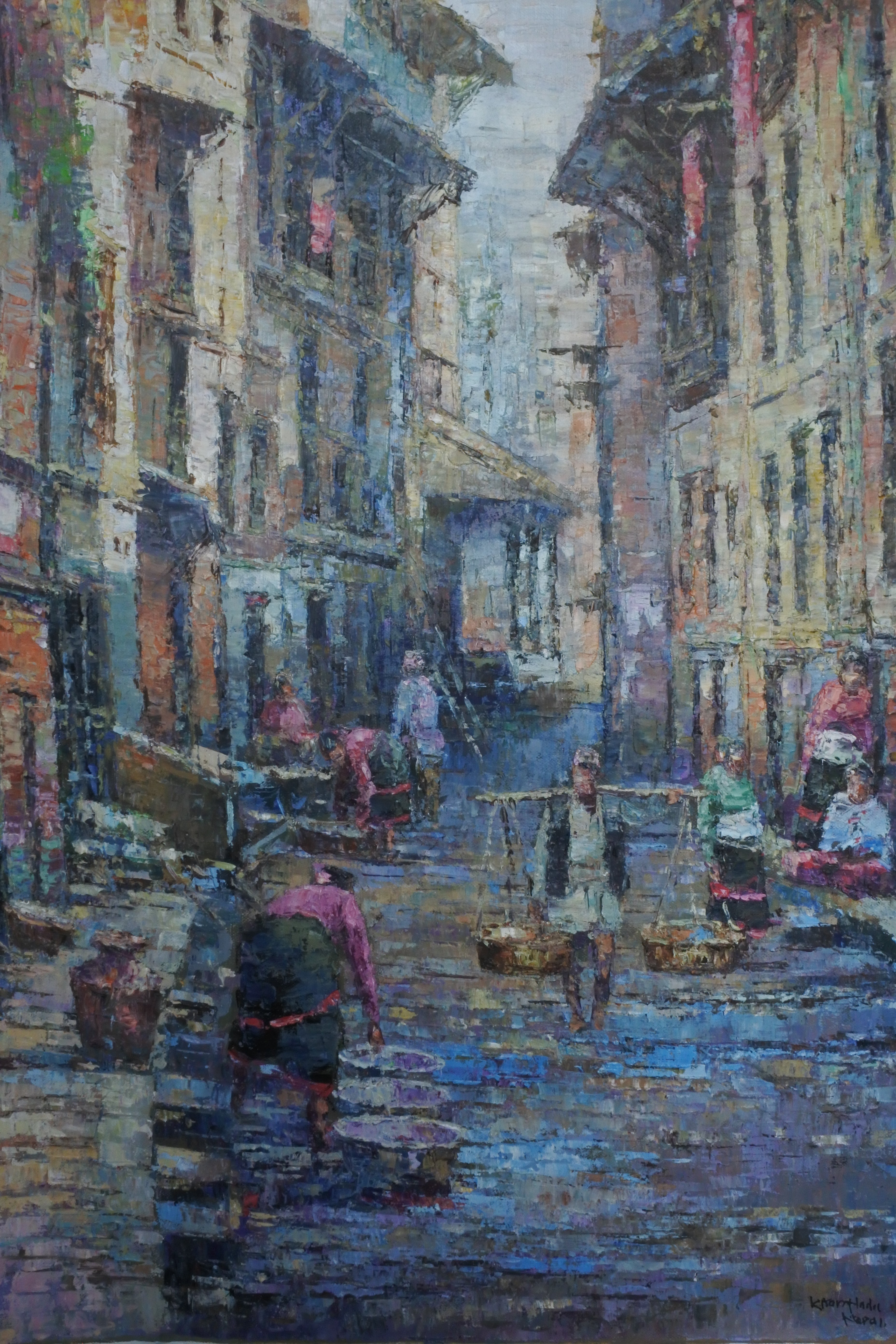 Nepal Heritage Cityscape Painting – Bhaktapur Street Life Canvas Art