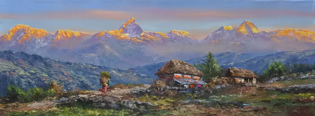 Pokhara Himalayan Sunrise Landscape Painting | Original Nepal Mountain Artwork | Annapurna Range Wall Art