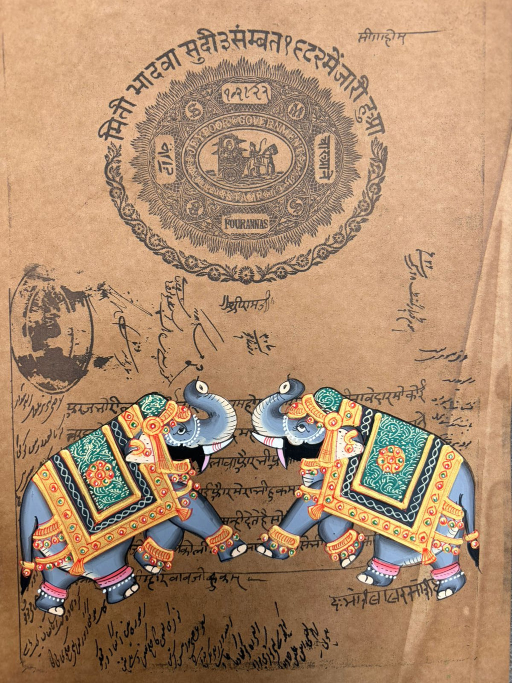 Twin Royal Elephant : Royal Jaipur Stamp Paper Series – Sacred Hindu Art Collection