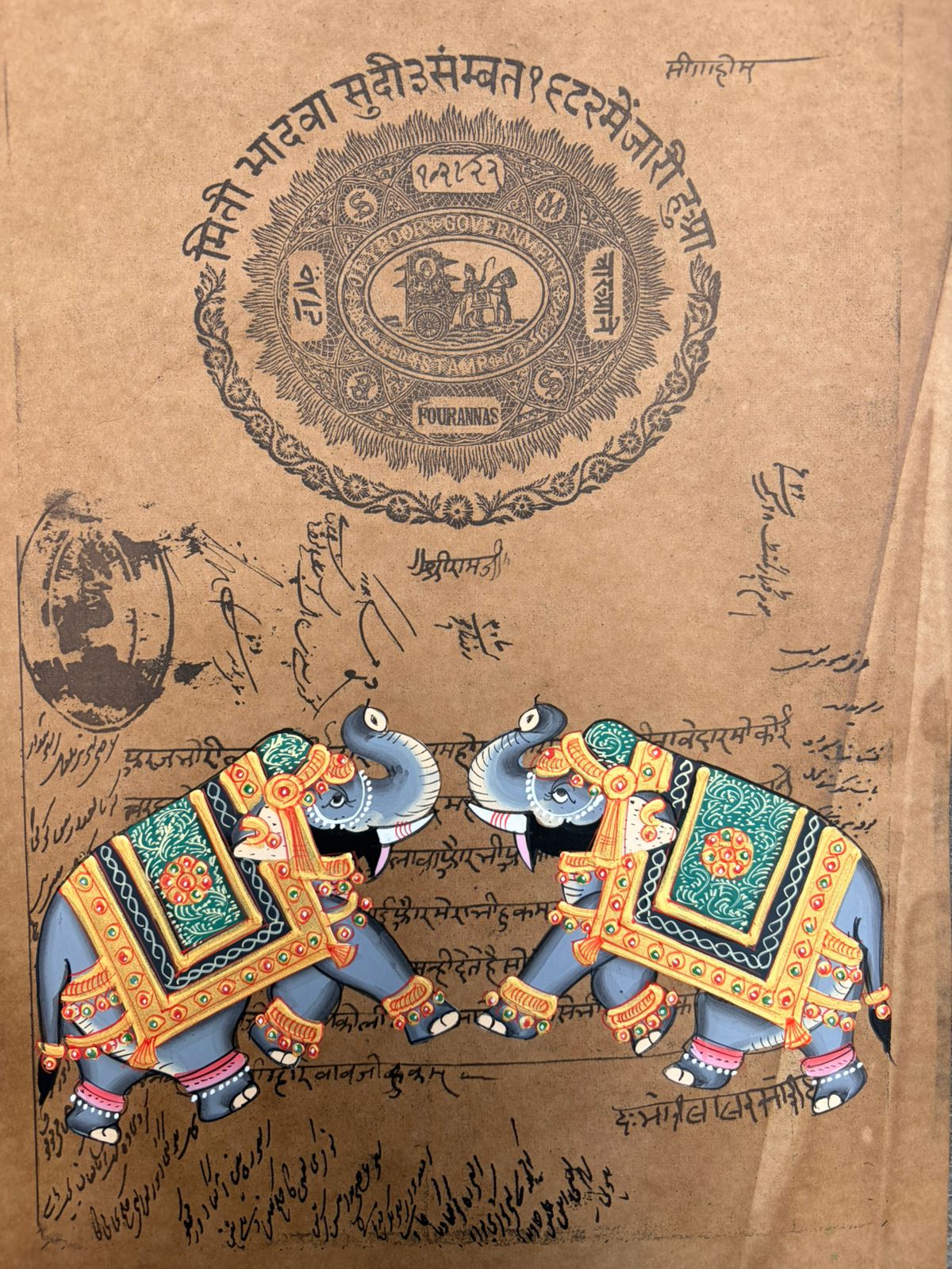 Twin Royal Elephant : Royal Jaipur Stamp Paper Series – Sacred Hindu Art Collection