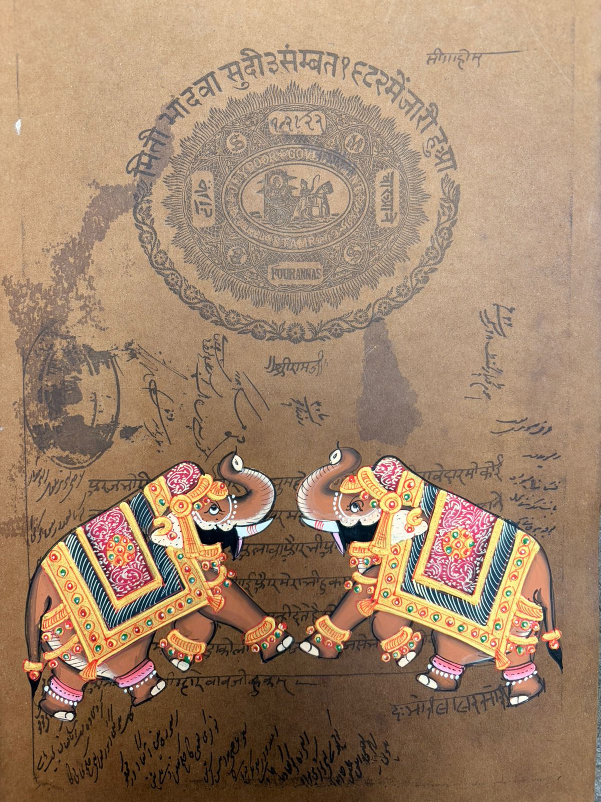 Twin Royal Elephant : Royal Jaipur Stamp Paper Series – Sacred Hindu Art Collection