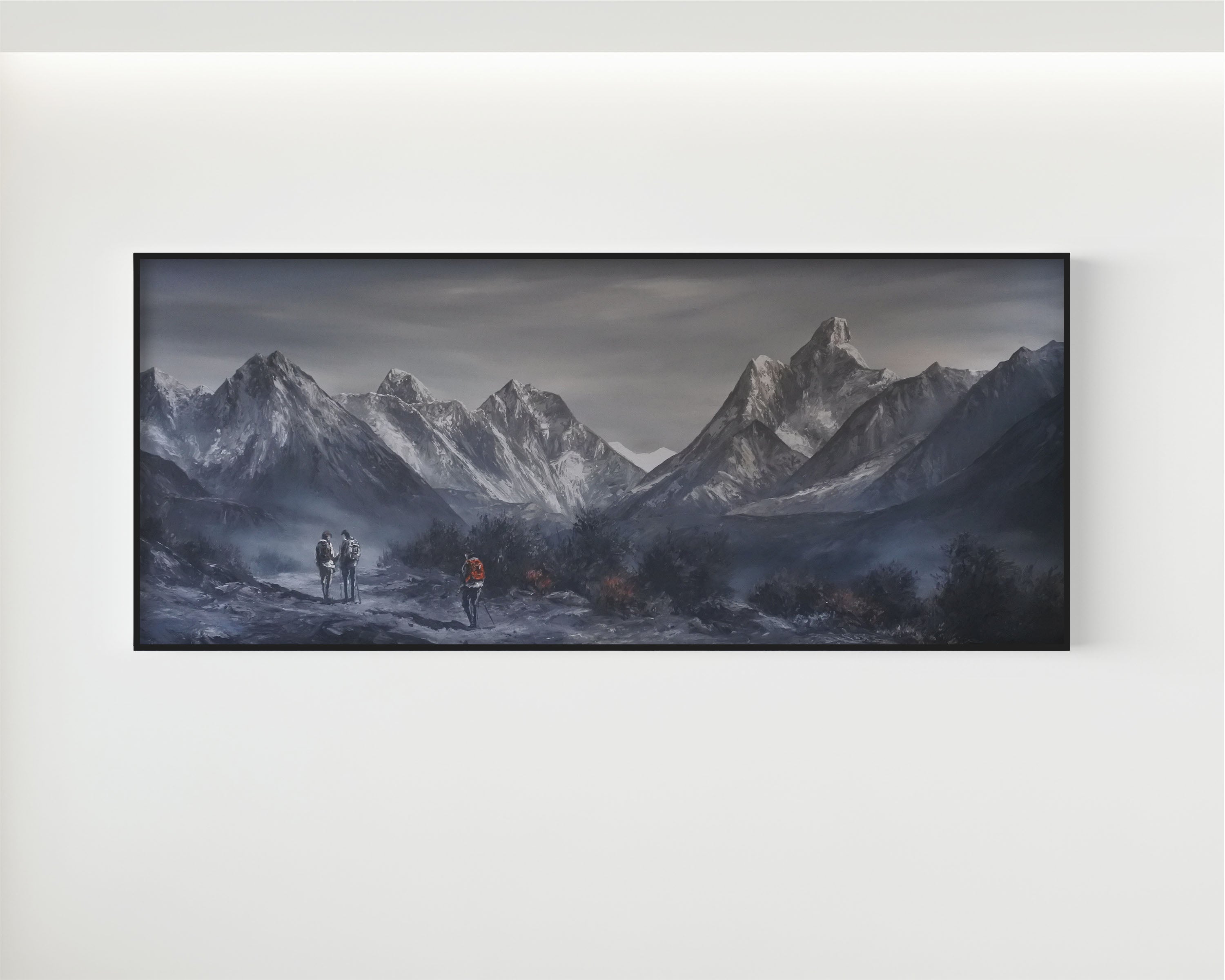 Black & White Mt. Everest and Mt. Ama Dablam with Trekkers