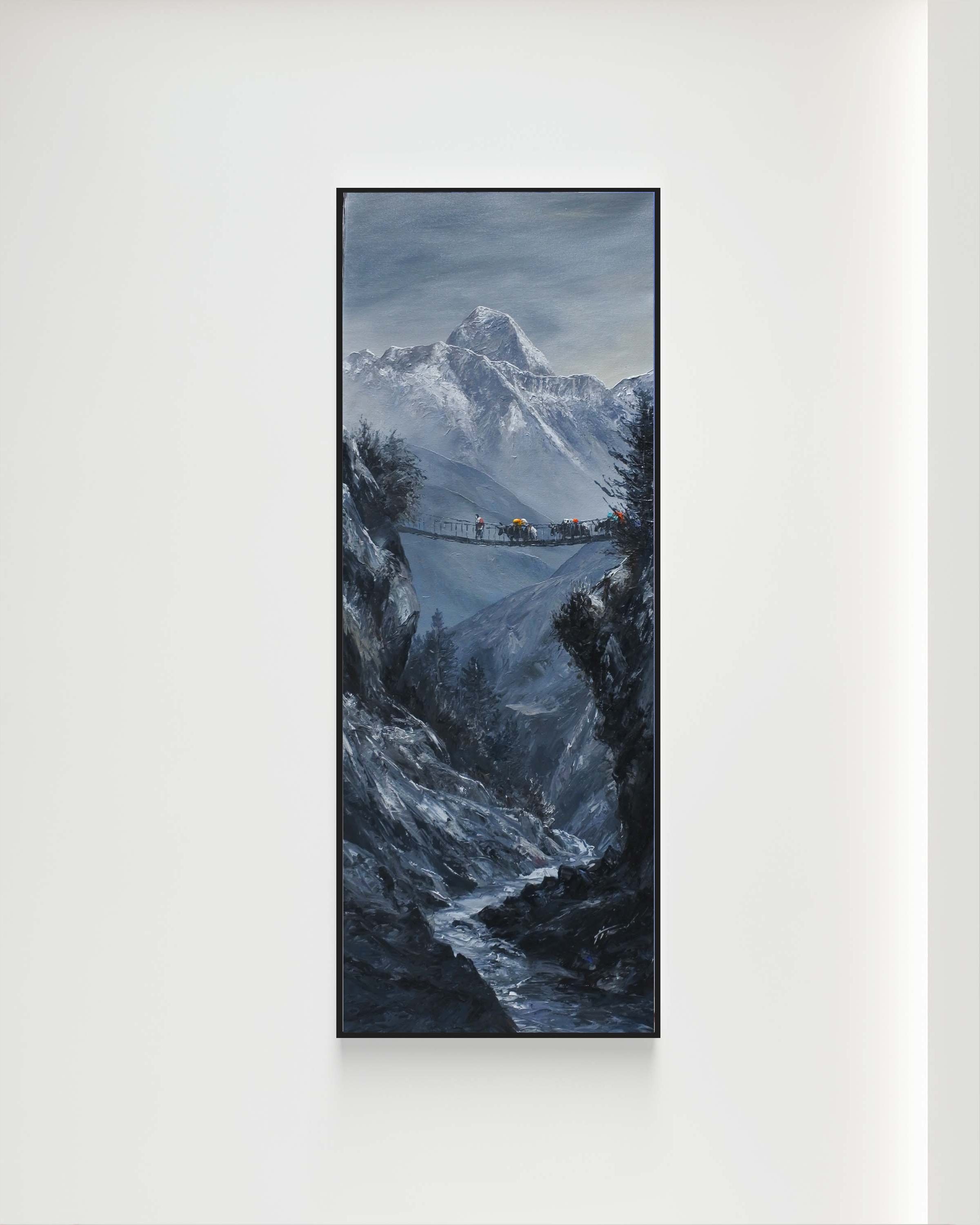 Mt. Everest Peak with Himalayan Yaks and Suspension Bridge