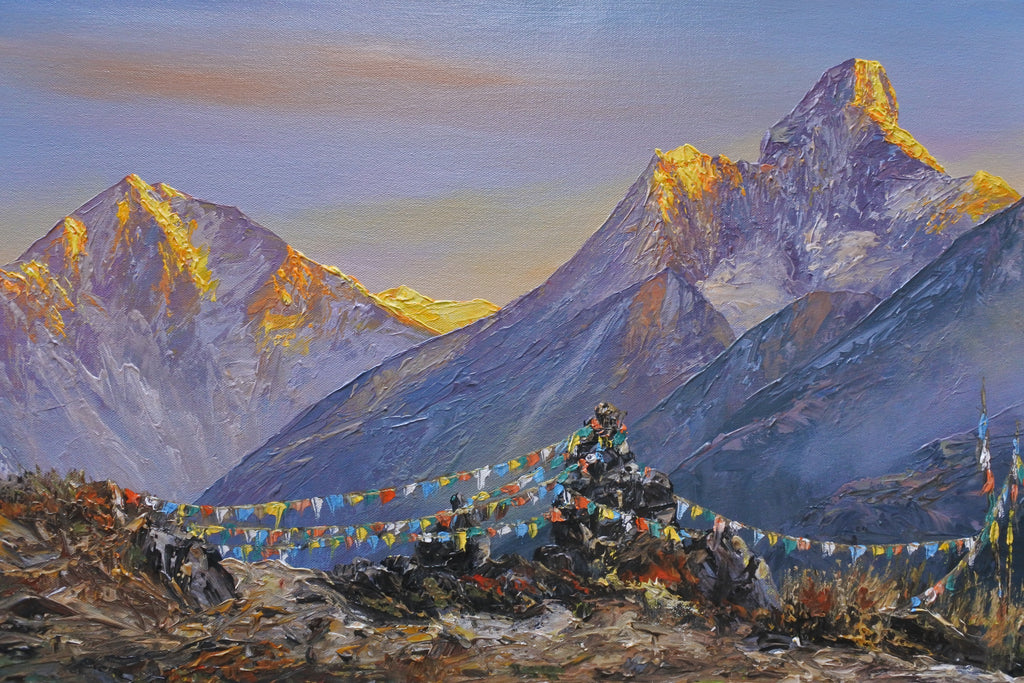 Shop an original Himalayan mountain landscape painting from Nepal. Golden sunrise, snow-capped peaks and misty blue mountains, hand-painted by a Nepalese artist.
