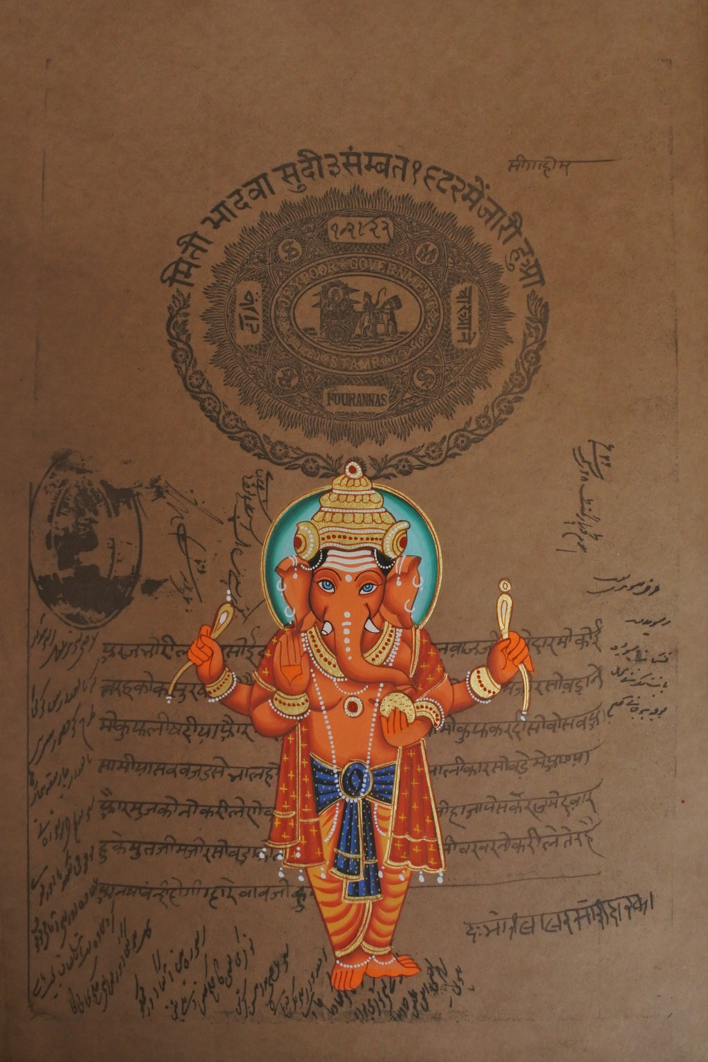 Ganesha painting, Ganesh wall art, Hindu wall decor, Ganesha home decor, prosperity wall art, vintage stamp paper art, Jaipur stamp paper painting, spiritual home decor