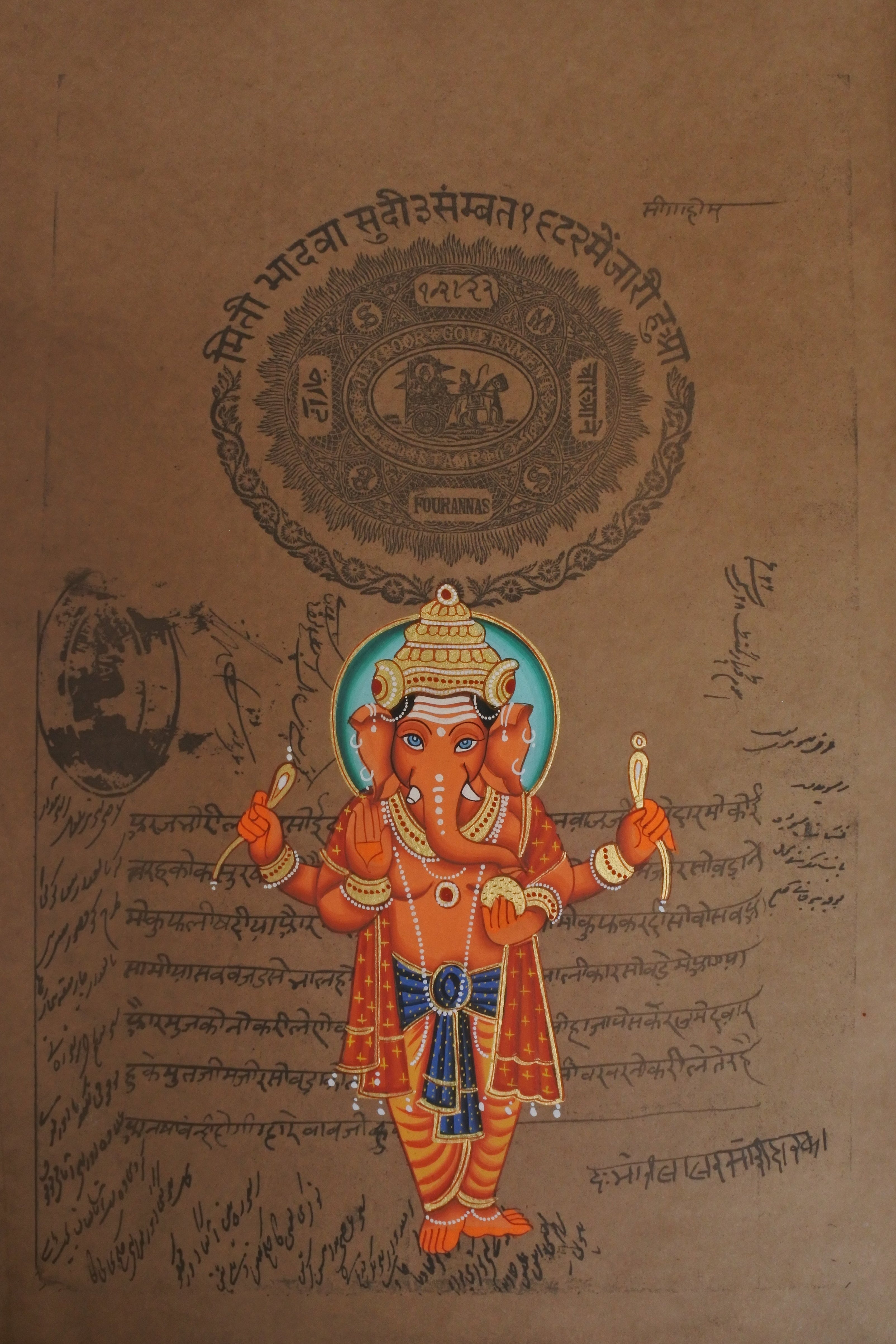 Ganesha painting, Ganesh wall art, Hindu wall decor, Ganesha home decor, prosperity wall art, vintage stamp paper art, Jaipur stamp paper painting, spiritual home decor