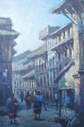 Painting of a street scene with people and buildings in an urban setting