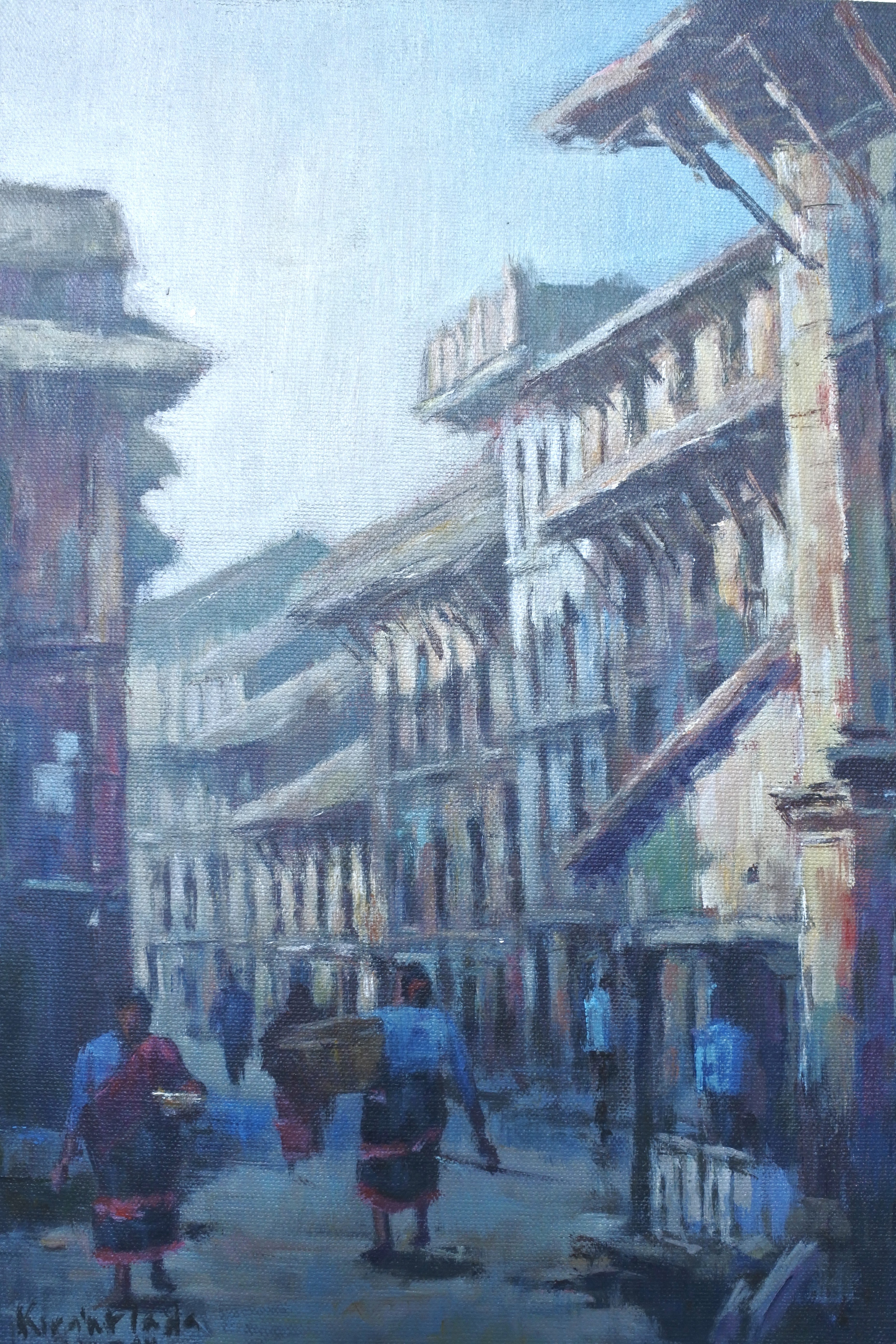 Painting of a street scene with people and buildings in an urban setting
