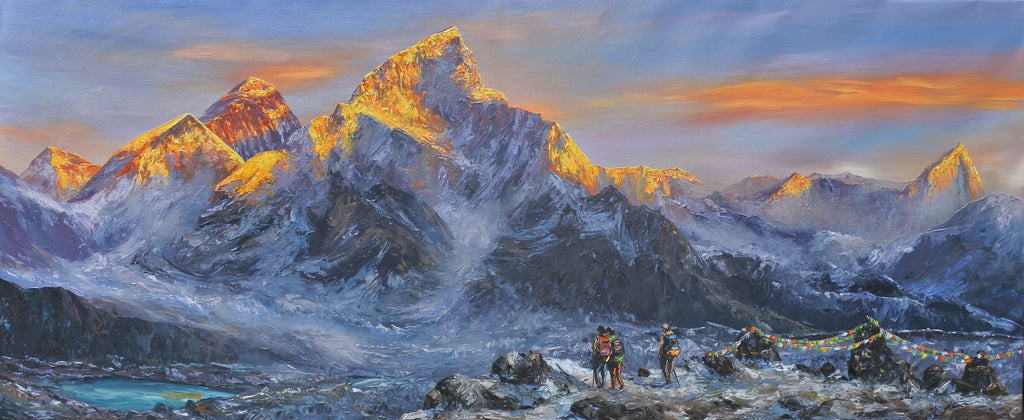 Handmade Nepalese landscape painting of the Himalayan mountains – original wall art inspired by Nepal’s natural beauty.