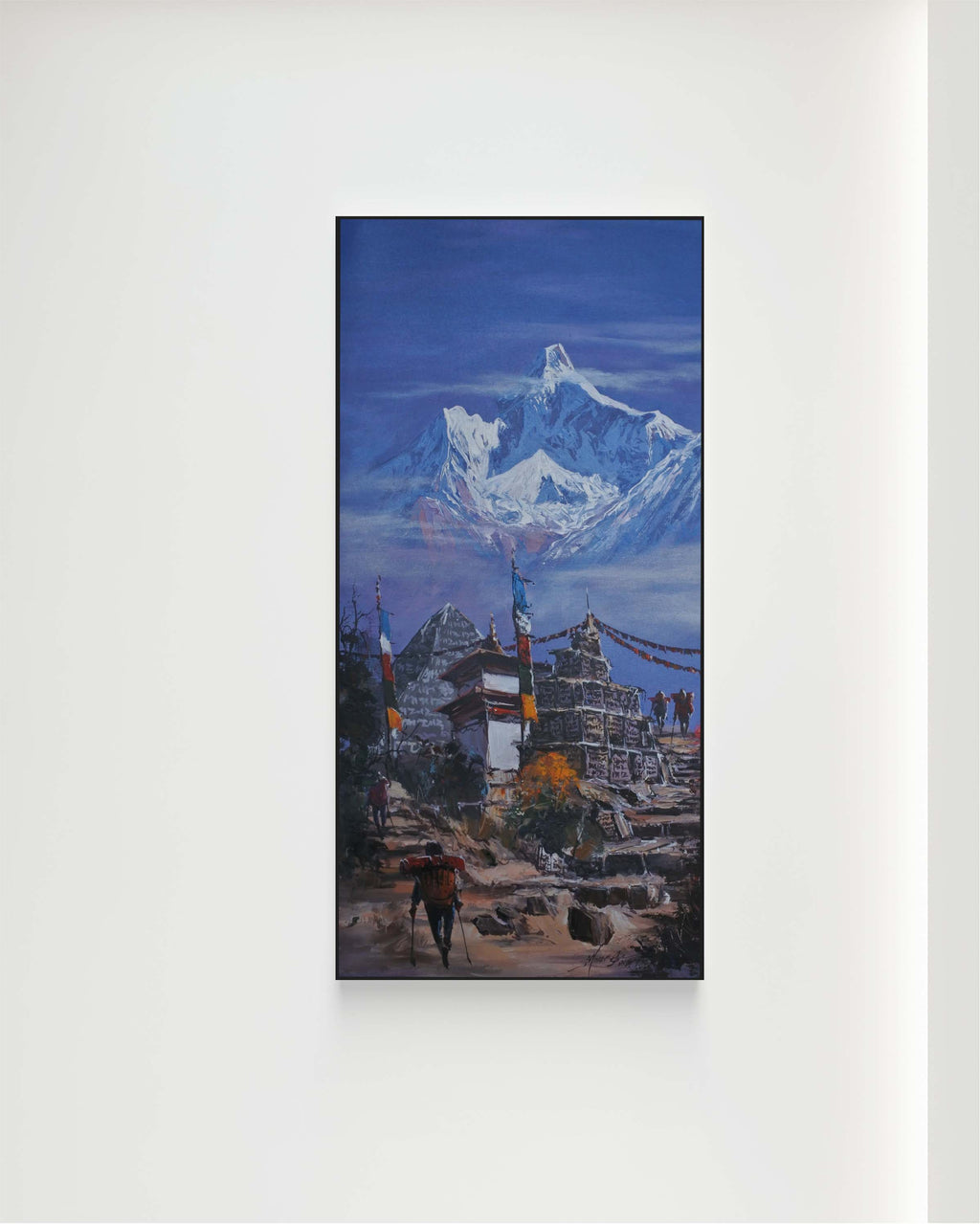 Shop an original Himalayan mountain landscape painting from Nepal. Golden sunrise, snow-capped peaks and misty blue mountains, hand-painted by a Nepalese artist.