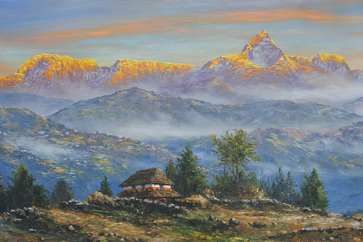 lose-up of the textured brushwork and golden highlights in an original Himalayan mountain painting.