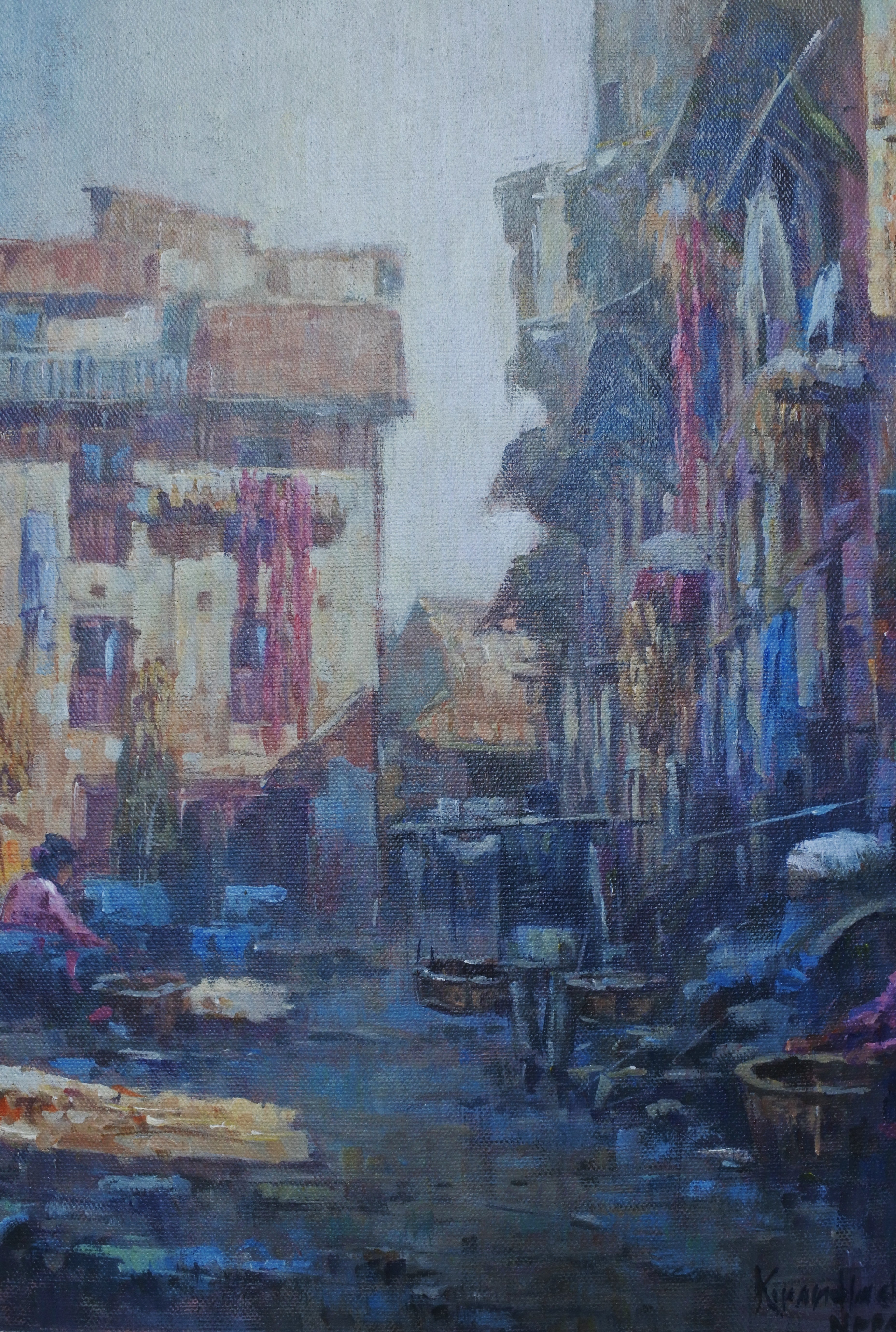 Historic Patan Nepal urban landscape painting with figure