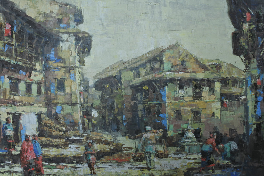 Impressionistic painting of Bhaktapur, Nepal with historic temples and street life