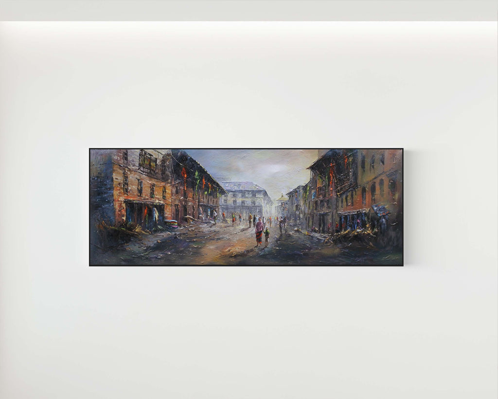 Original Kathmandu street painting featuring traditional Nepalese buildings, pedestrians and a historic old town street in warm earthy colours.