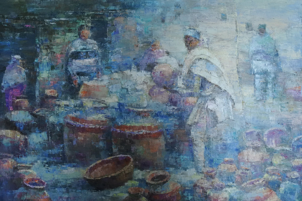 An impressionistic painting depicting a market scene with several figures standing among large clay pots and baskets, rendered in blue, white, and earthy brown tones.