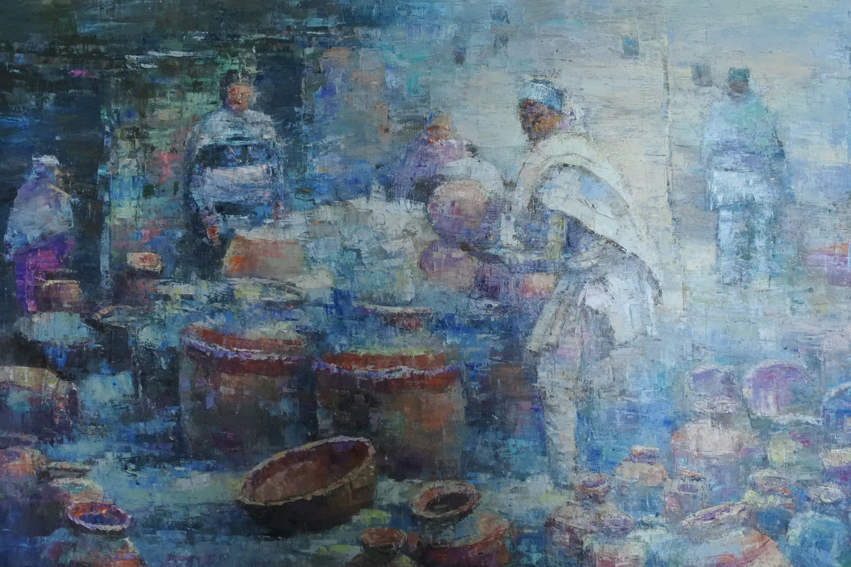 An impressionistic painting depicting a market scene with several figures standing among large clay pots and baskets, rendered in blue, white, and earthy brown tones.
