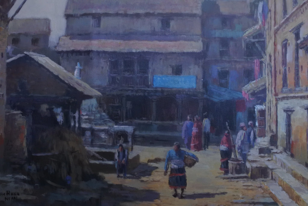 Painting of a bustling street scene with people and buildings in an urban setting.