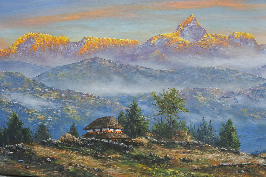 Nepalese landscape painting, original Nepalese art, Nepal mountain art