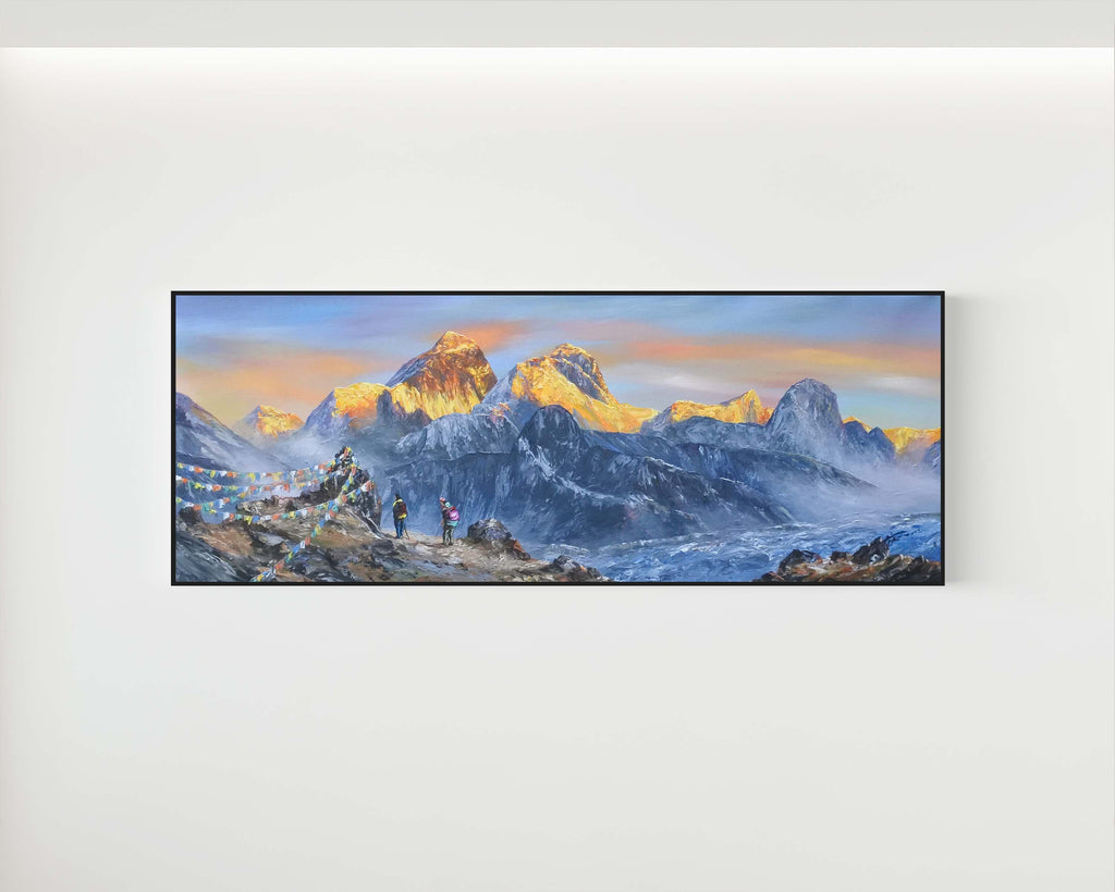 Everest Painting, Mount Everest Art, Everest Base Camp Artwork, Nepal Wall Art, Nepalese Painting, Himalayan Landscape, Himalayan Art, Mountain Painting, Trekking Art, Adventure Decor, Nepal Home Decor, Panorama Painting, Sunrise Mountain Art, Luxury Wall Decor, Prayer Flags Art, Everest Trek Souvenir, Nepal Gift, Himalayan Canvas Art, Landscape Artwork, Arts Nepal Gallery