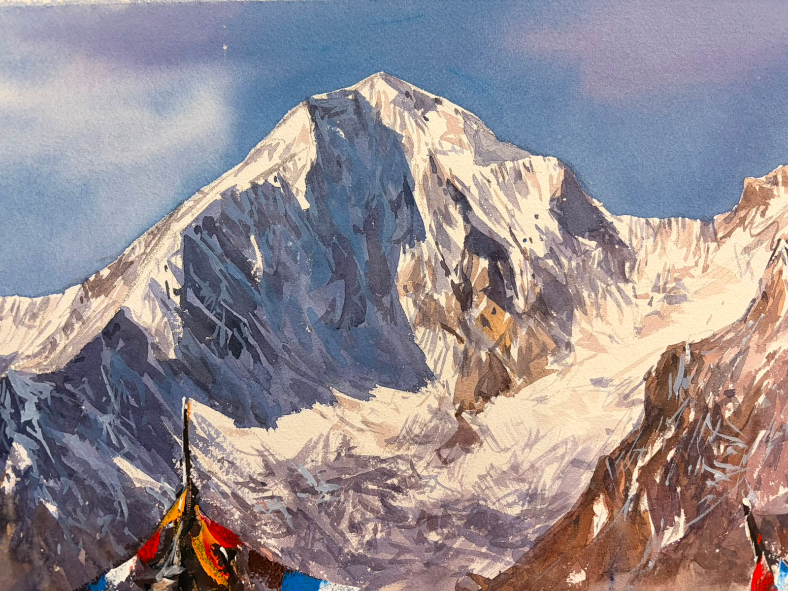 A close-up painting of a snow-covered mountain peak with blue-gray shadows, brown rocky areas, and a pale blue sky.