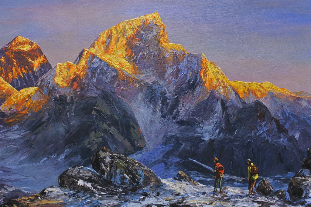 Original Himalayan sunrise landscape painting with golden light illuminating snow-capped mountain peaks above misty blue valleys.