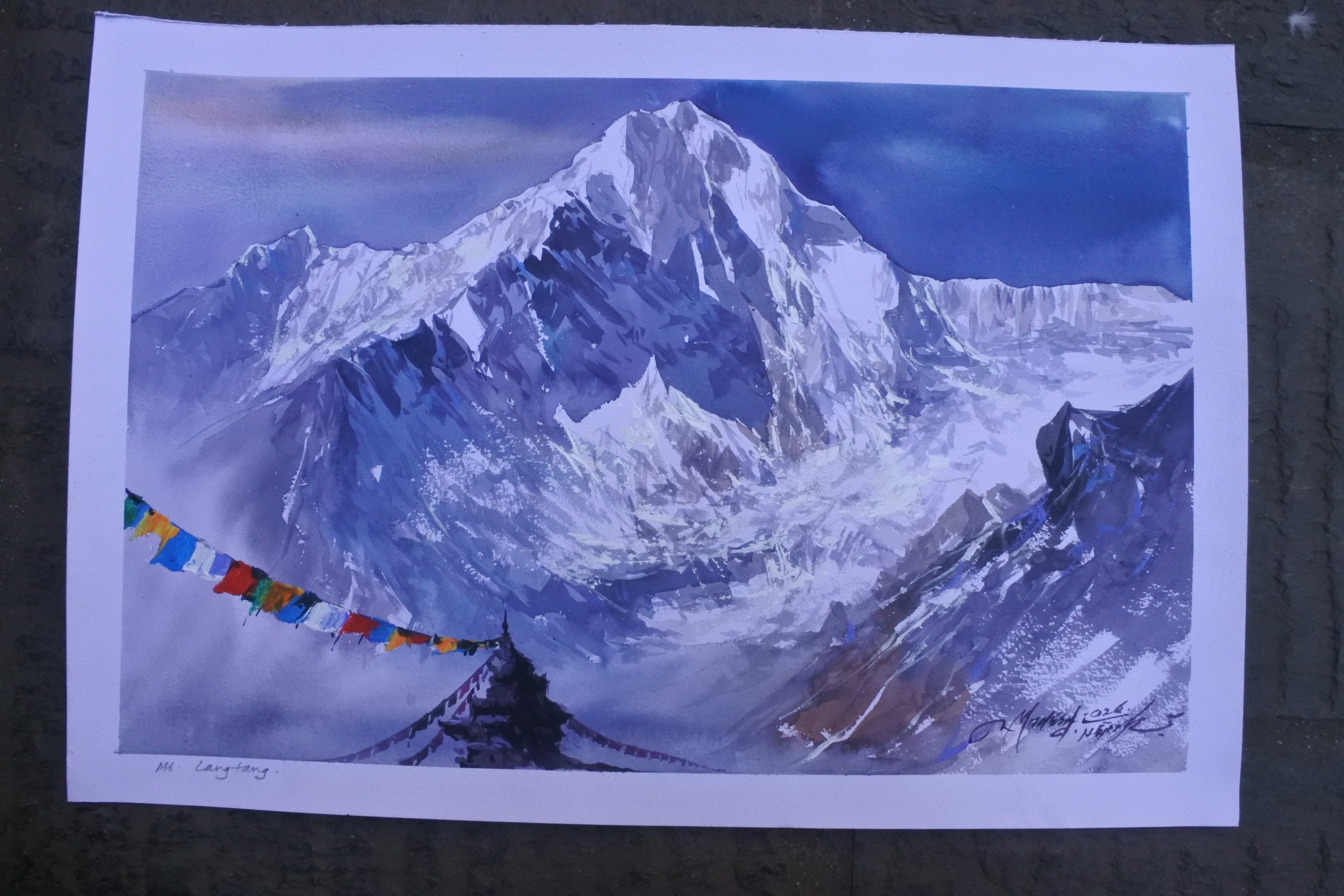Painting of a snow-covered mountain peak with prayer flags on a dark background