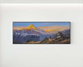 Original Pokhara Himalayan landscape painting featuring Annapurna mountain views, village homes, and golden sunrise peaks. Authentic Nepal mountain wall art for sale.