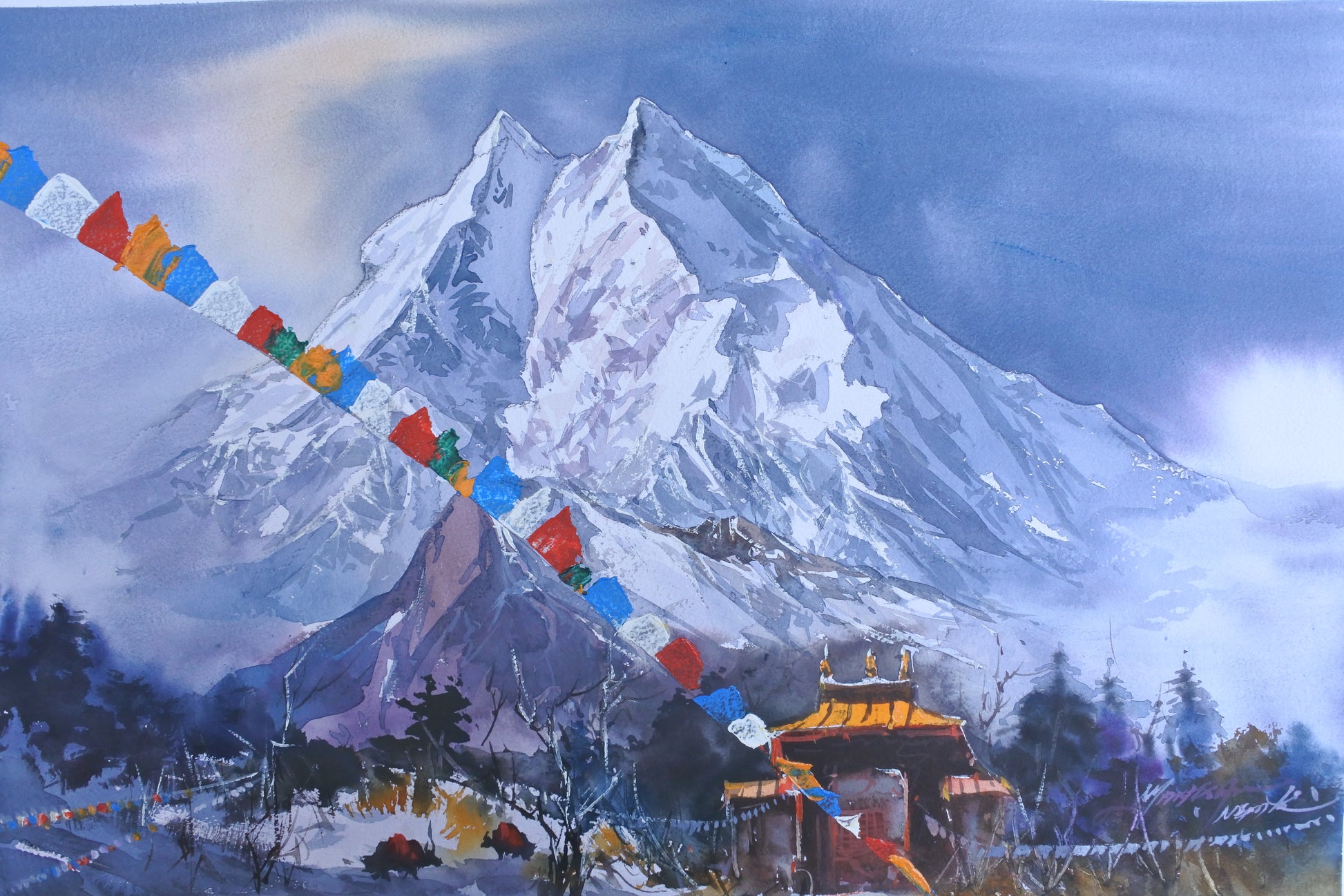 Painting of a snowy mountain landscape with a temple