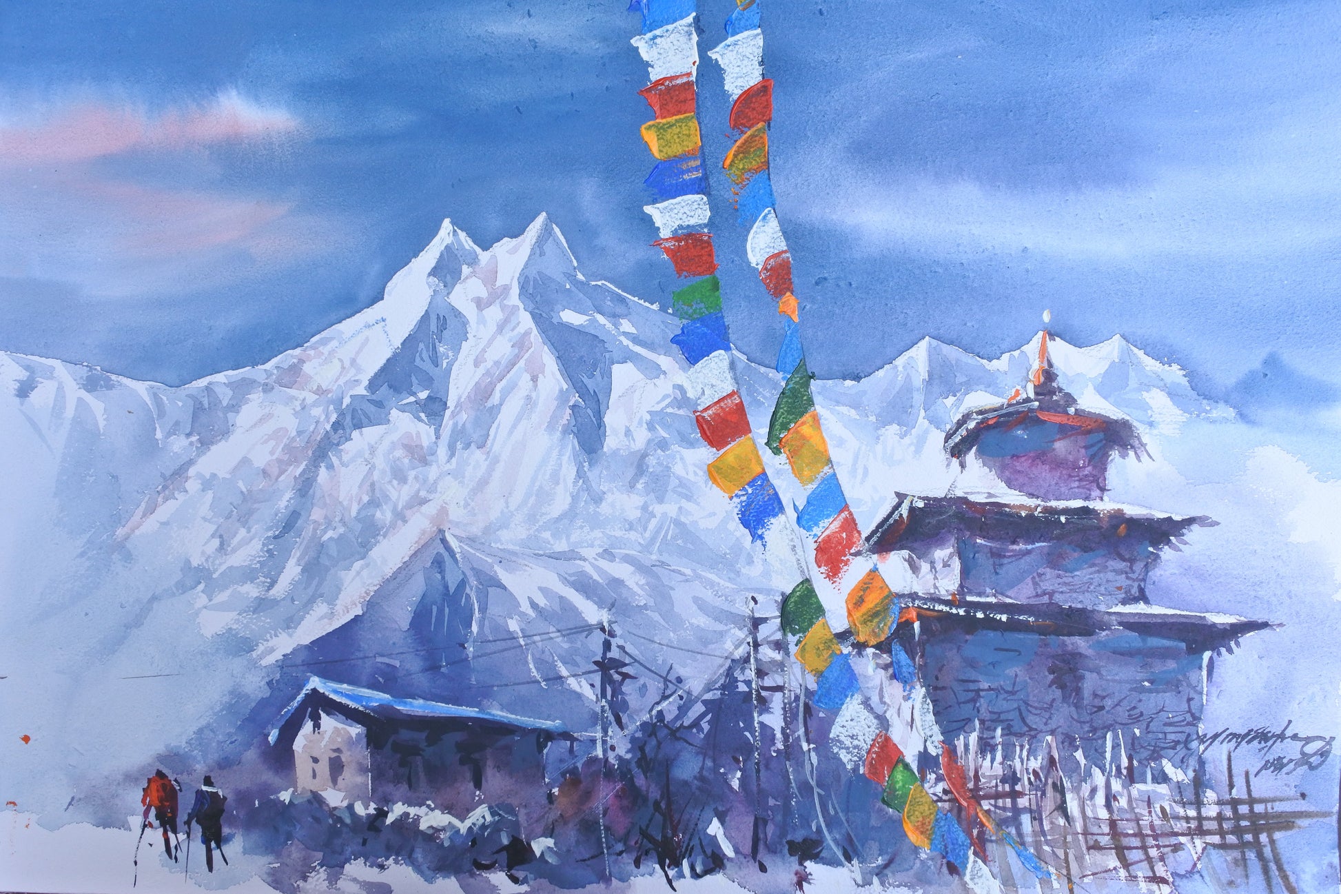 Painting of a snowy mountain landscape with a temple and colorful prayer flags.