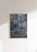 Original handmade Kathmandu Nepal cityscape painting of Maru’s historic Newari buildings and lively traditional market square, featuring expressive blue and earthy tones.