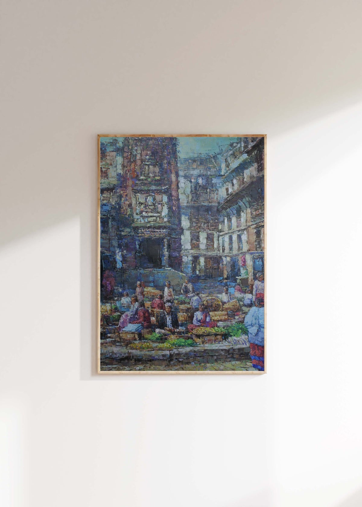 Original handmade Kathmandu Nepal cityscape painting of Maru’s historic Newari buildings and lively traditional market square, featuring expressive blue and earthy tones.