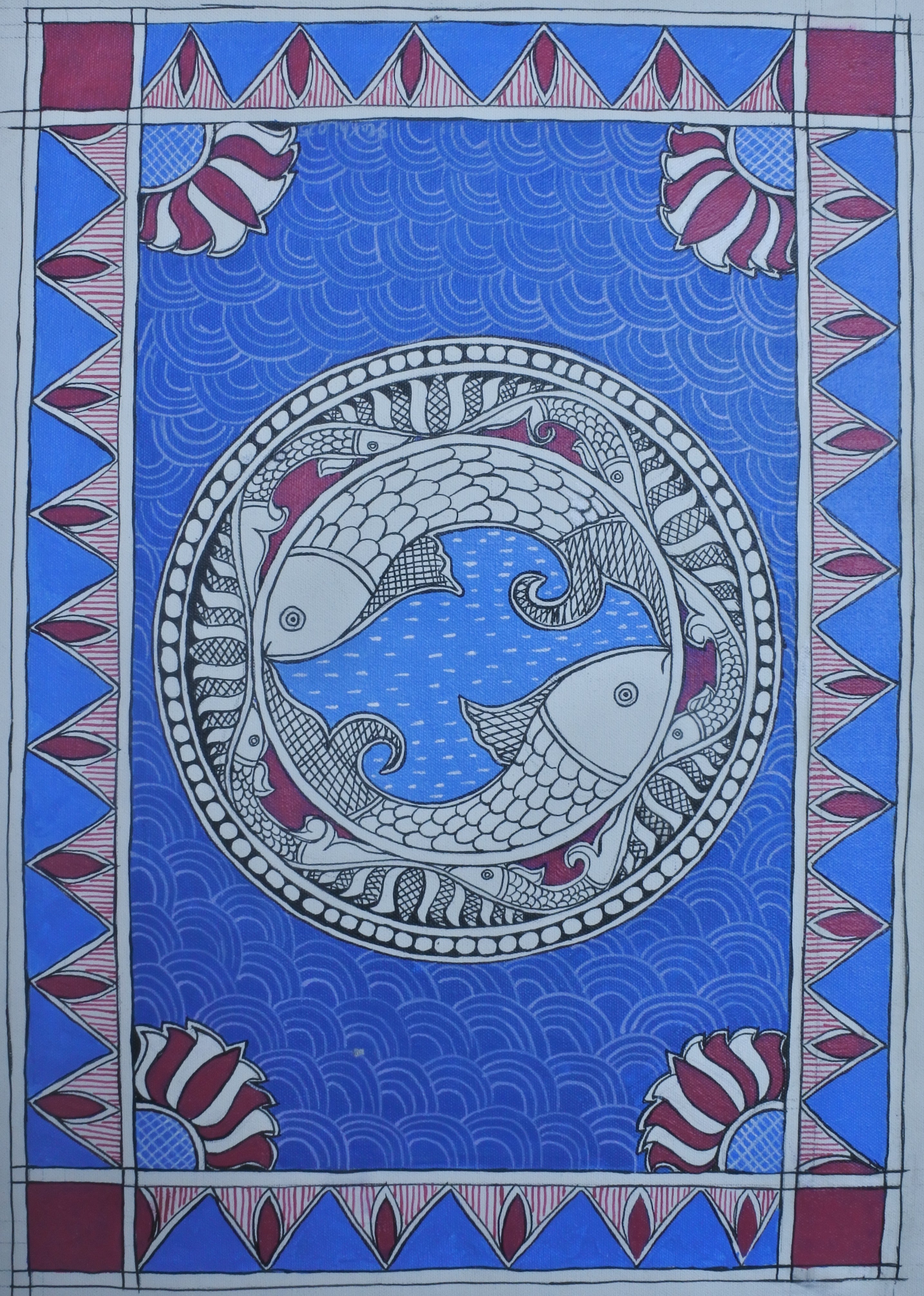 mithila painting
madhubani art
fish wall art
folk art nepal
handmade painting
spiritual wall art
prosperity symbol
cultural artwork
boho wall decor
traditional art
hindu symbolism art
nepali art
unique wall decor