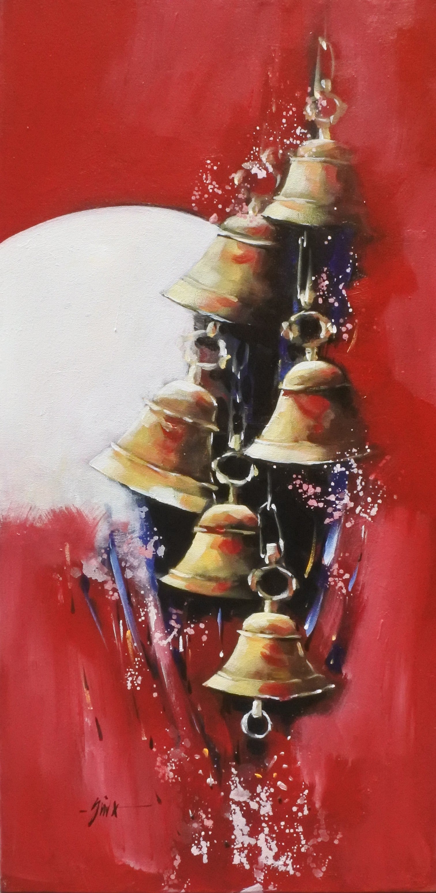Painting of brass bells on a red background