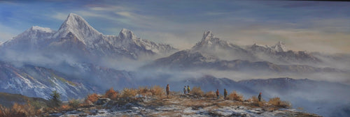 Mt. Annapurna I, Himchuli Peak, and Mt. Fishtail with Trekkers