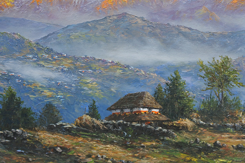 Original Himalayan mountain landscape painting with golden sunrise over snow-capped peaks and misty blue mountain ranges.